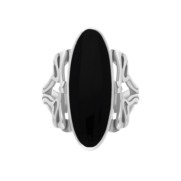 Sterling Silver Whitby Jet  Oval Carved Edge Ring, R110._2