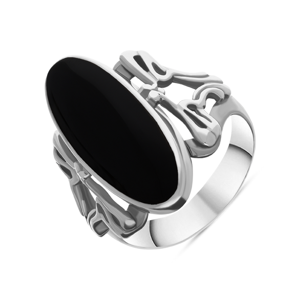 Sterling Silver Whitby Jet  Oval Carved Edge Ring, R110.