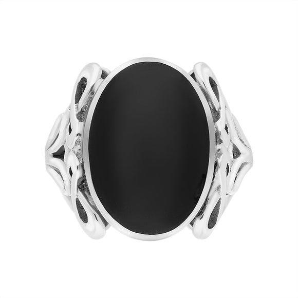 Sterling Silver Whitby Jet Oval Carved Side Ring