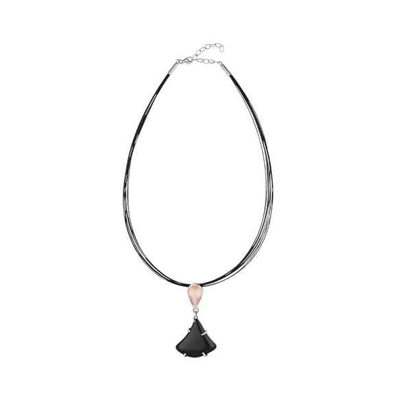 Sterling Silver Whitby Jet Rose Quartz Multi-Cord Necklace D