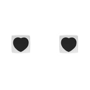 Sterling Silver Whitby Jet Square Heart Stud Earrings, E441.